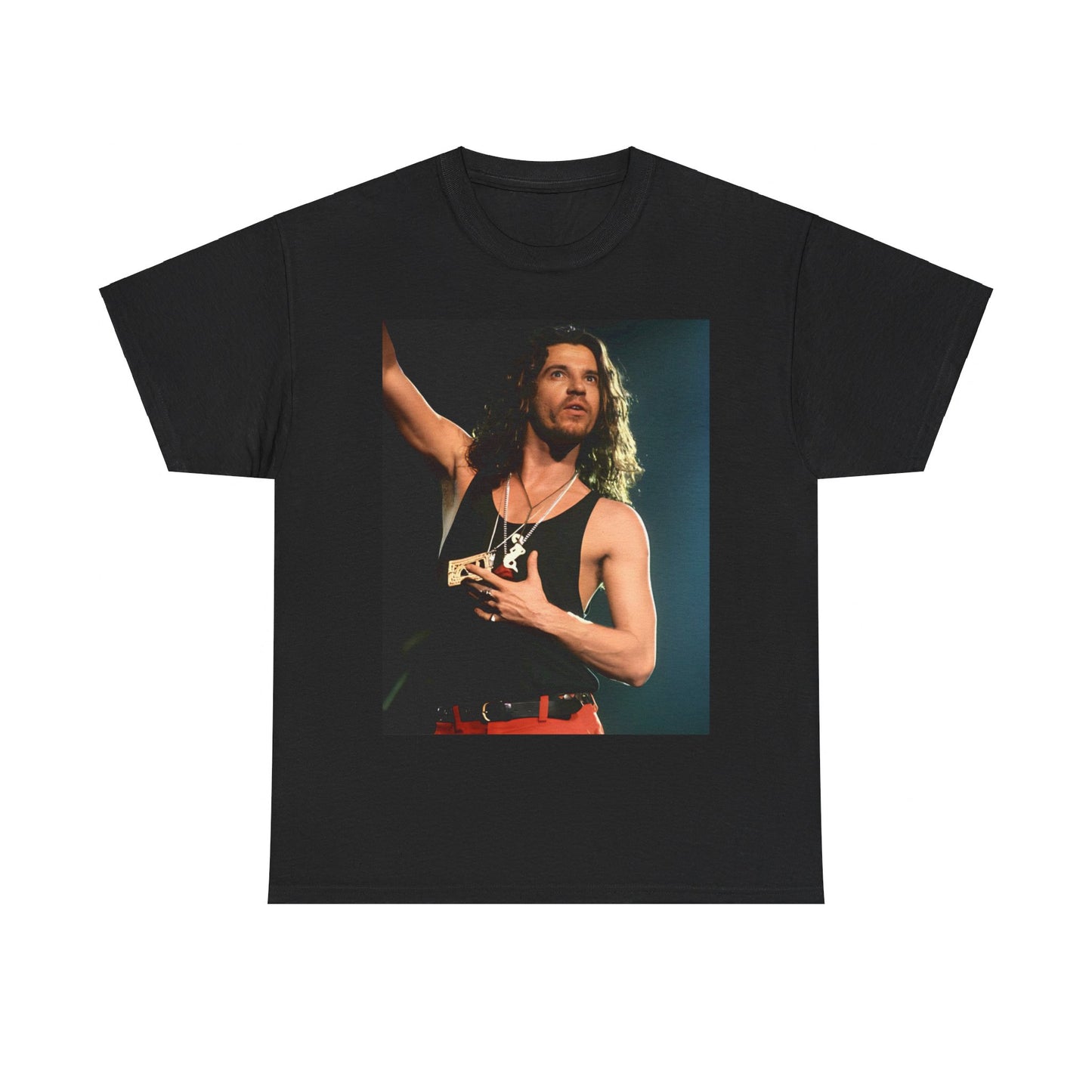 A black graphic t-shirt featuring a vintage 80s new wave graphic of INXS.
