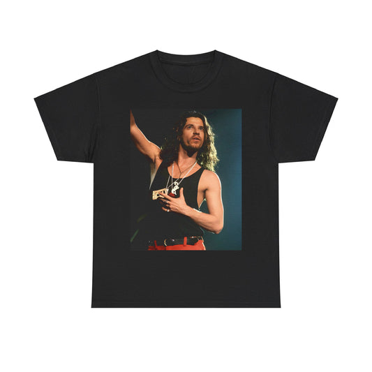 A black graphic t-shirt featuring a vintage 80s new wave graphic of INXS.