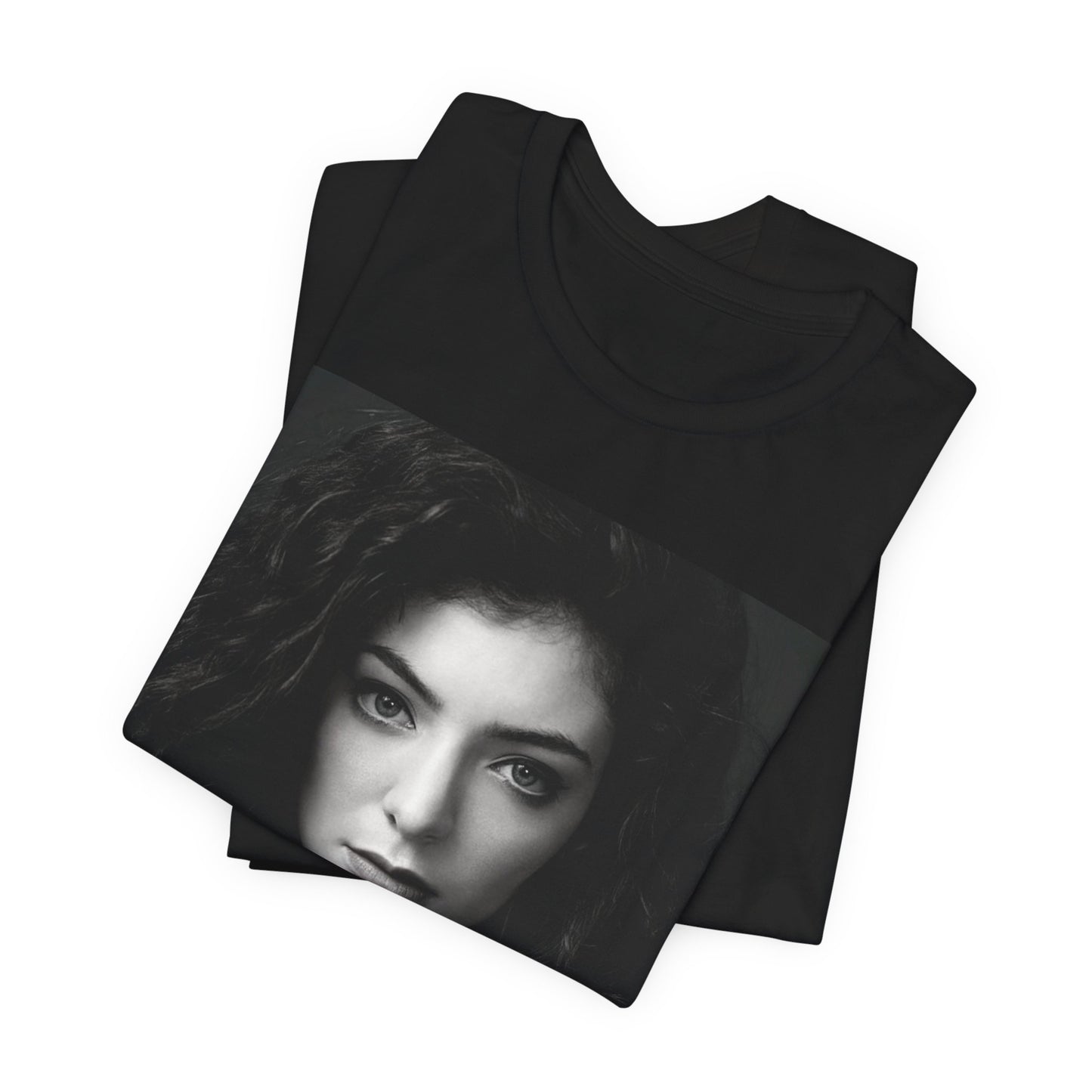 A black graphic t-shirt featuring a casual pop fan graphic of Lorde.