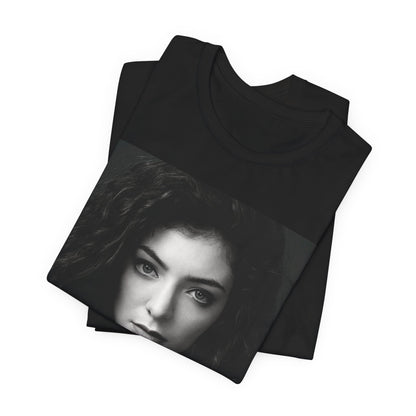 A black graphic t-shirt featuring a casual pop fan graphic of Lorde.