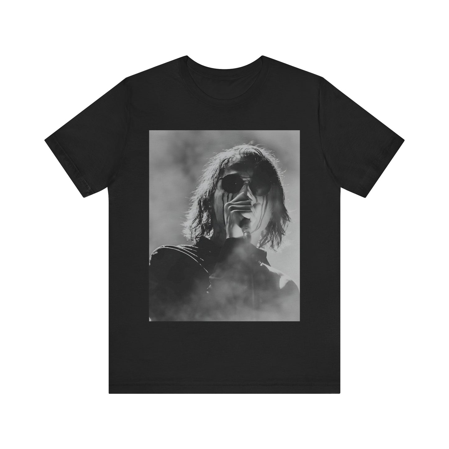 A black graphic t-shirt featuring a black and white, monochrome graphic or photo of My Chemical Romance.