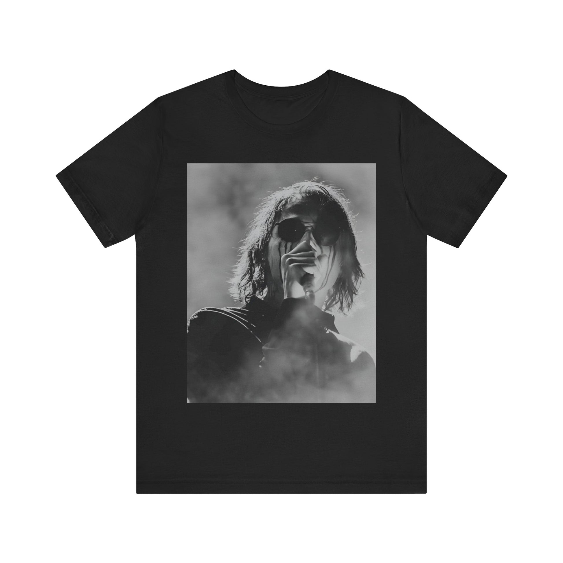 A black graphic t-shirt featuring a black and white, monochrome graphic or photo of My Chemical Romance.