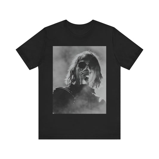 A black graphic t-shirt featuring a black and white, monochrome graphic or photo of My Chemical Romance.