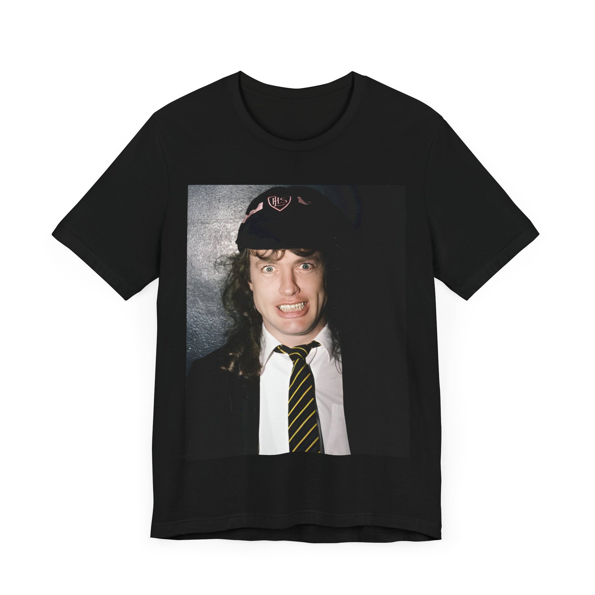 A black vintage-style graphic t-shirt featuring a stylized image of AC/DC's Angus Young playing guitar, with a distressed or retro aesthetic.