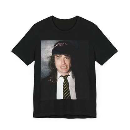 A black vintage-style graphic t-shirt featuring a stylized image of AC/DC's Angus Young playing guitar, with a distressed or retro aesthetic.