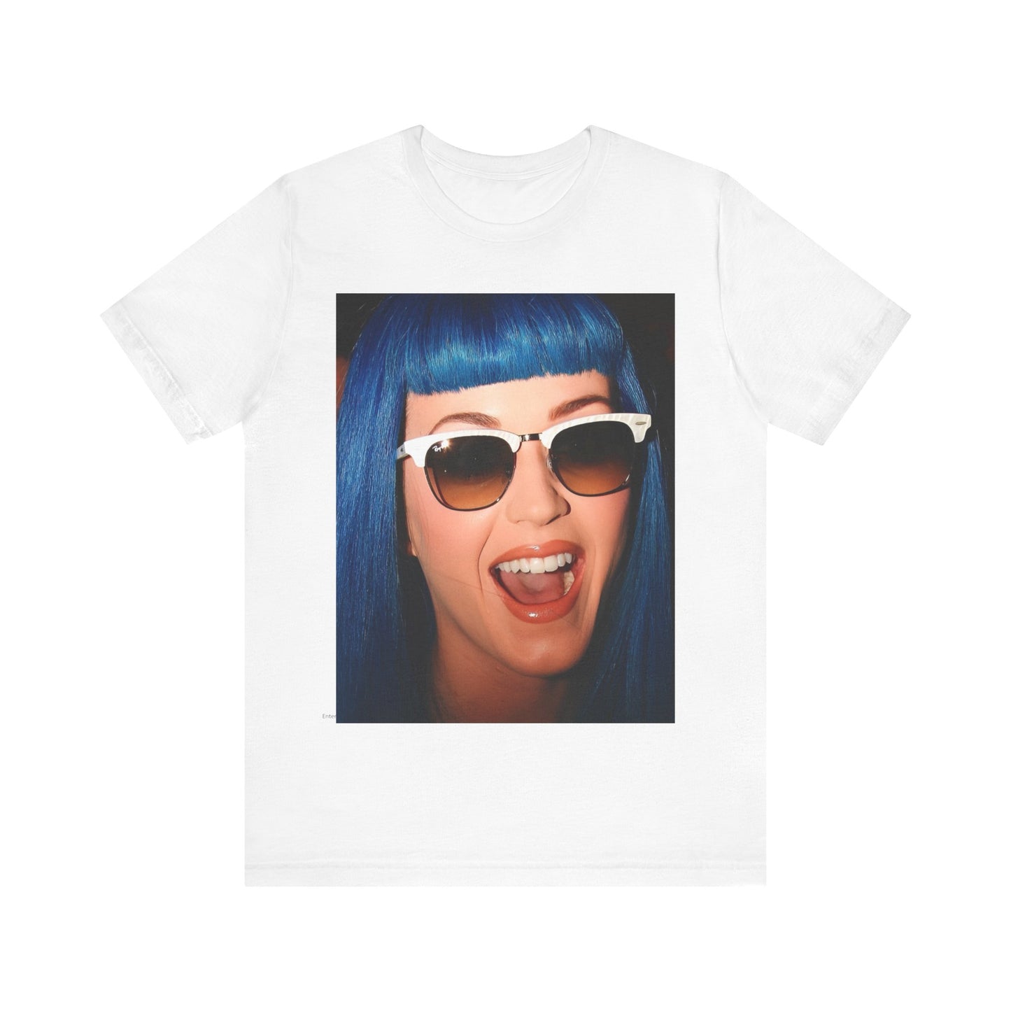 A black graphic t-shirt featuring a retro graphic of Katy Perry with blue hair.