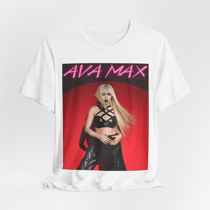 A black graphic t-shirt featuring a stylized graphic of Ava Max, emphasizing her status as a pop icon.