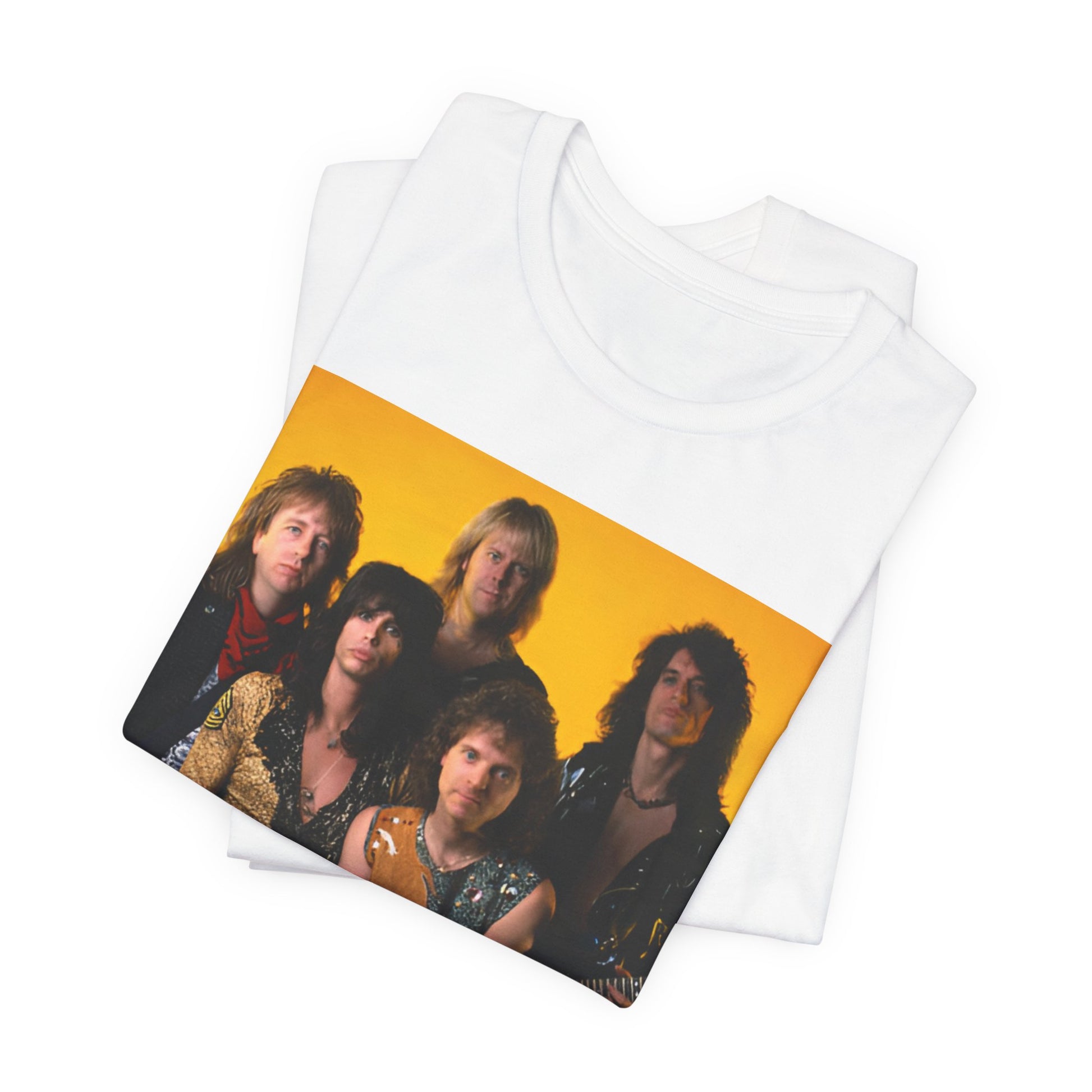A black graphic t-shirt featuring a band photo of Aerosmith from the 1980s, showing the members in their iconic styles from that decade.