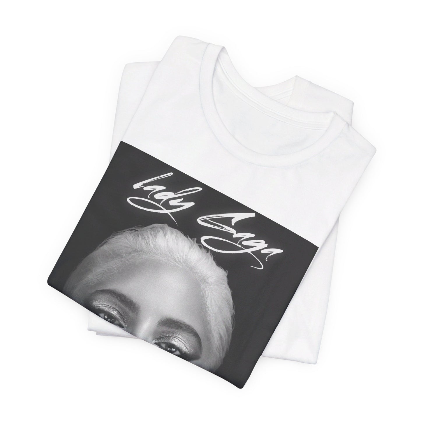 A black graphic t-shirt featuring a retro black and white monochrome graphic or photo of Lady Gaga.