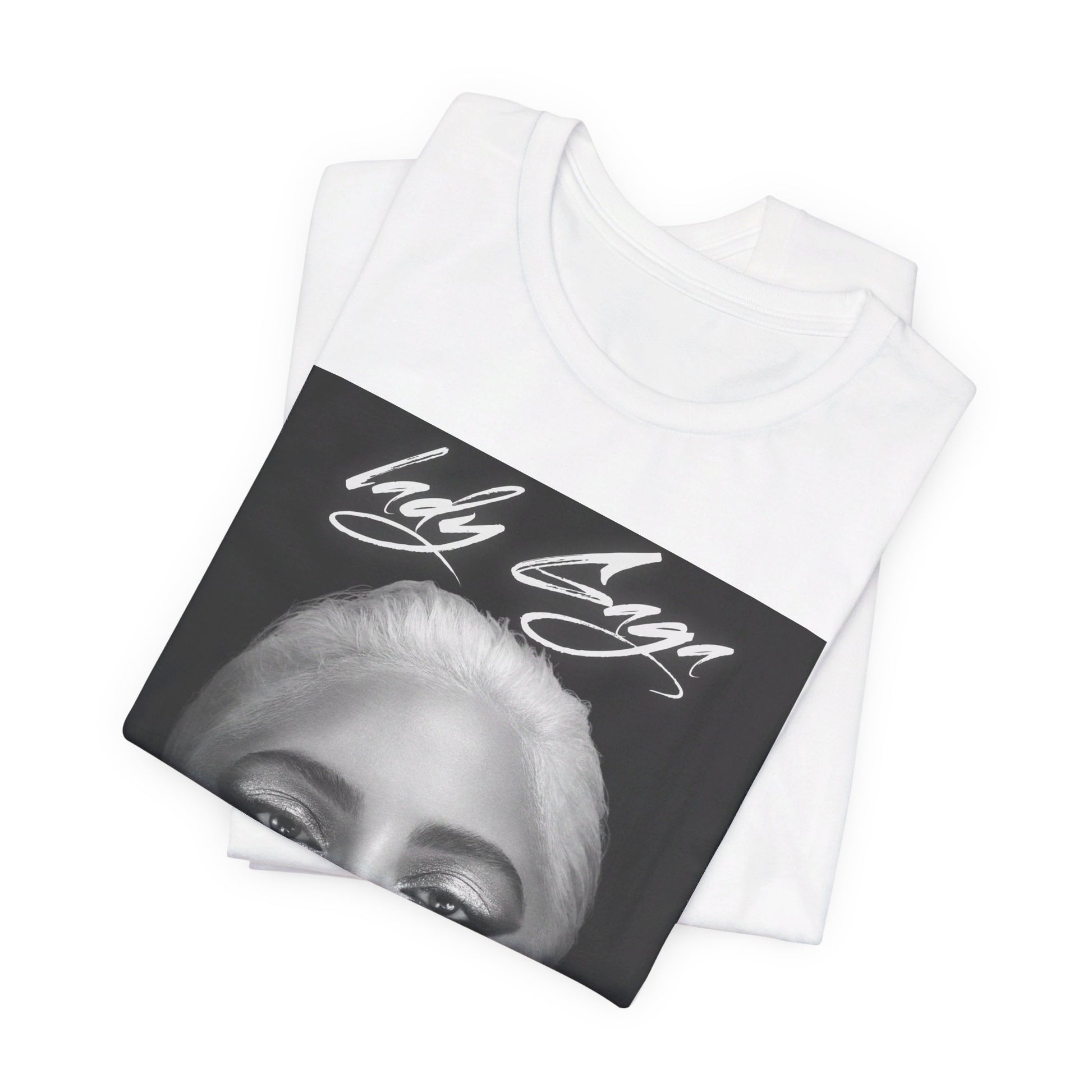 A black graphic t-shirt featuring a retro black and white monochrome graphic or photo of Lady Gaga.