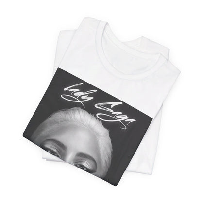 A black graphic t-shirt featuring a retro black and white monochrome graphic or photo of Lady Gaga.