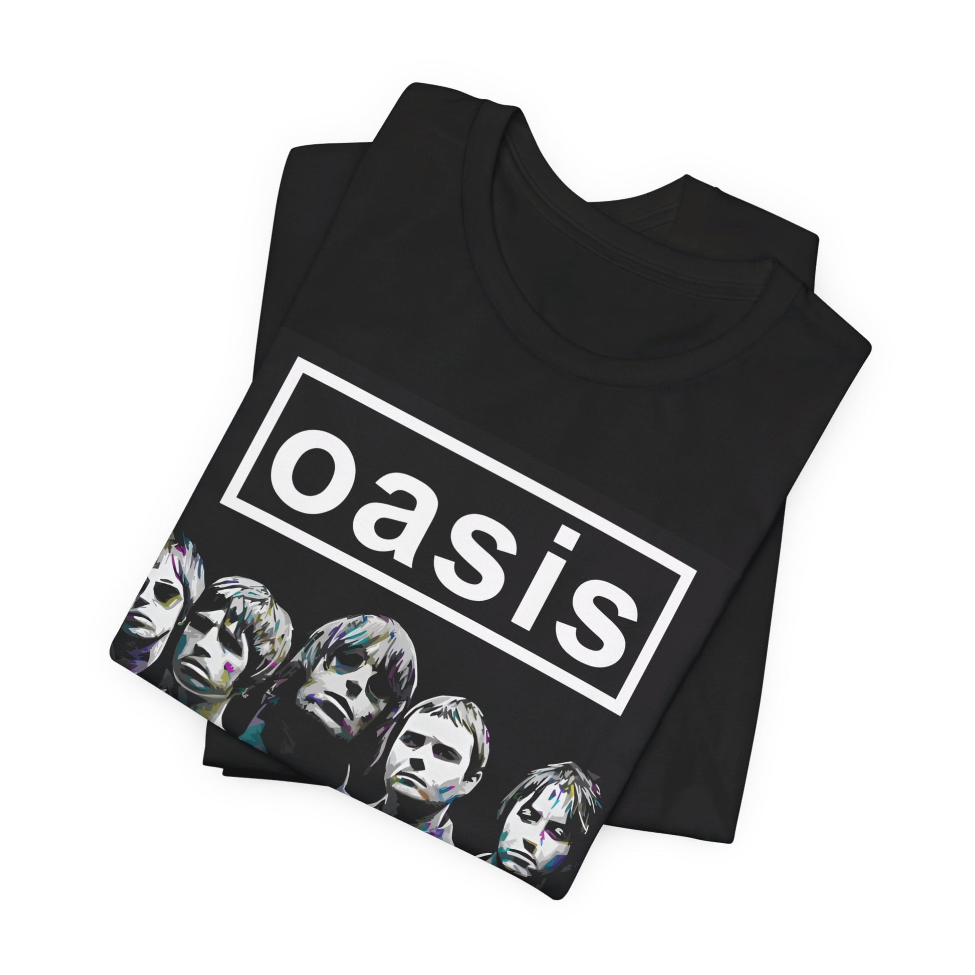 A black graphic t-shirt featuring a retro graphic related to Oasis's 'Definitely Maybe' album era.