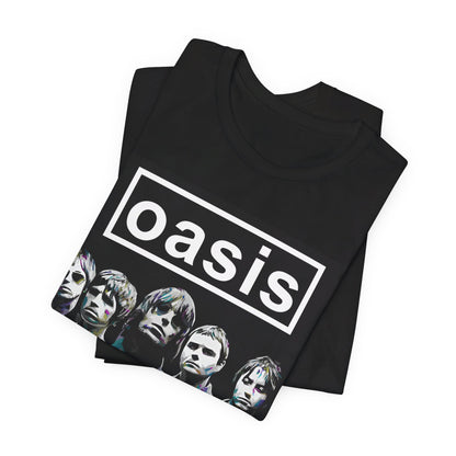 A black graphic t-shirt featuring a retro graphic related to Oasis's 'Definitely Maybe' album era.