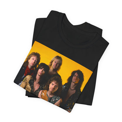 A black graphic t-shirt featuring a band photo of Aerosmith from the 1980s, showing the members in their iconic styles from that decade.