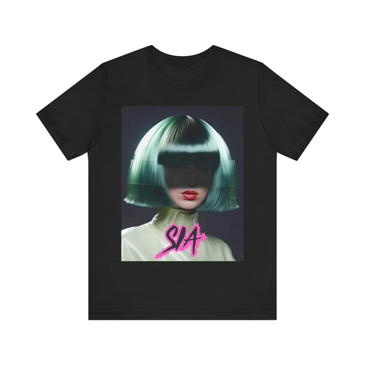 A black graphic t-shirt featuring a bold graphic of Sia as a pop superstar.