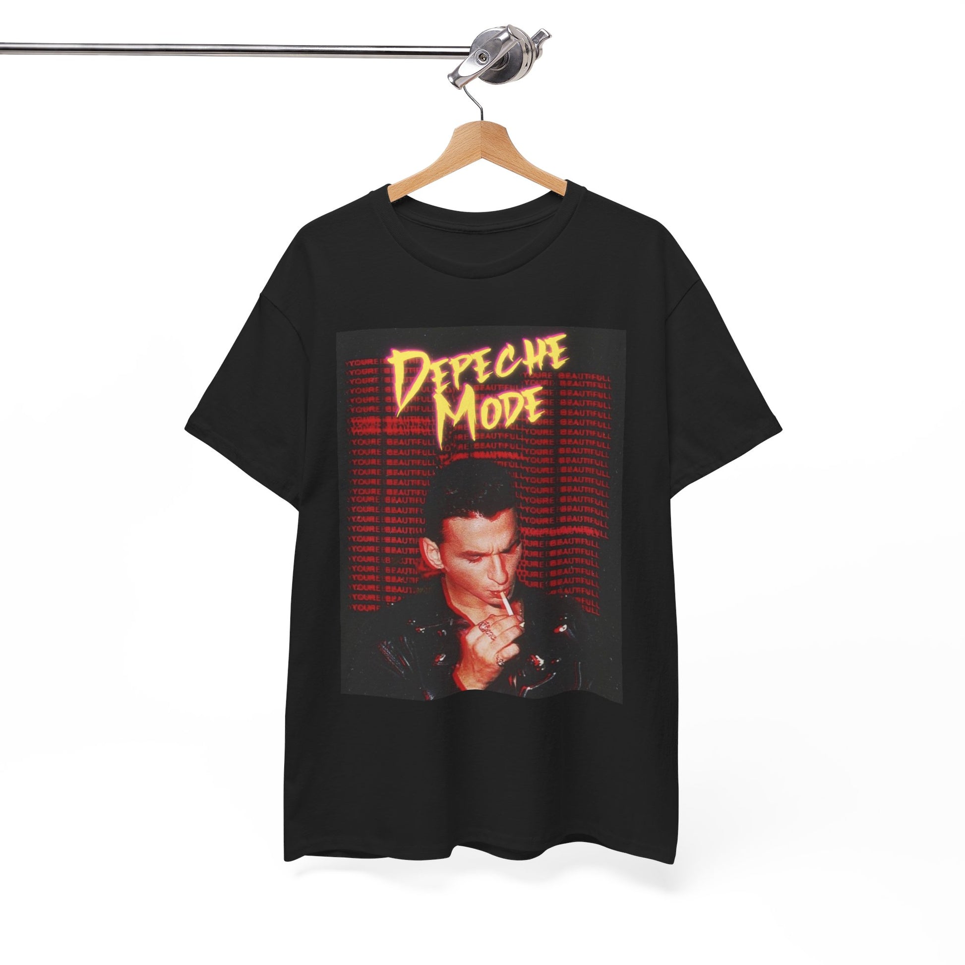 A black graphic t-shirt featuring a stylized graphic of Depeche Mode with an aesthetic design.