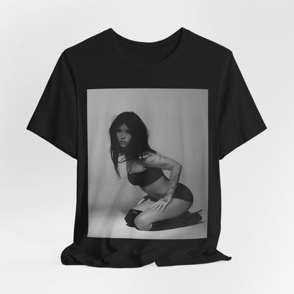 A black graphic t-shirt featuring a black and white, monochrome graphic or photo of Nessa Barrett.
