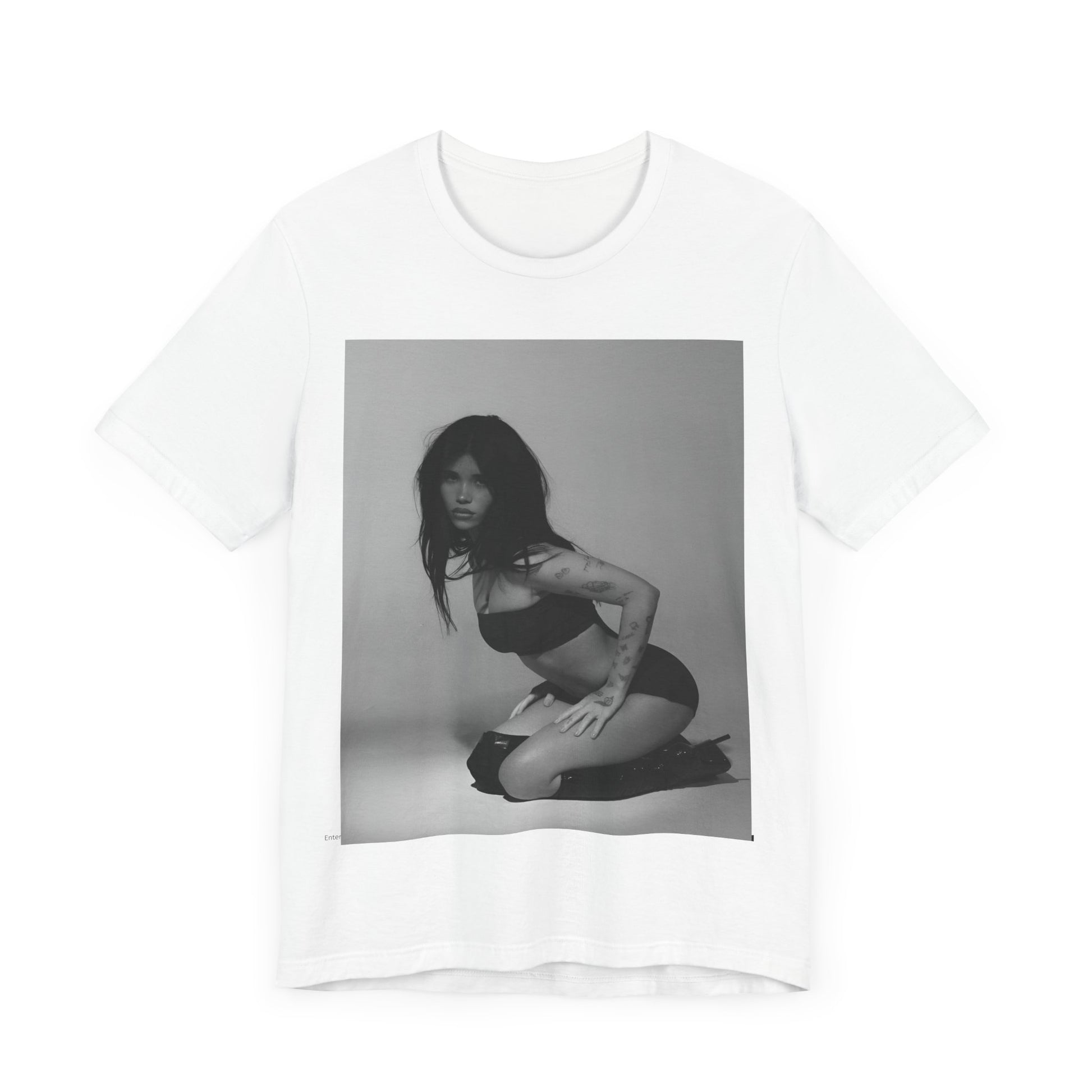 A black graphic t-shirt featuring a black and white, monochrome graphic or photo of Nessa Barrett.
