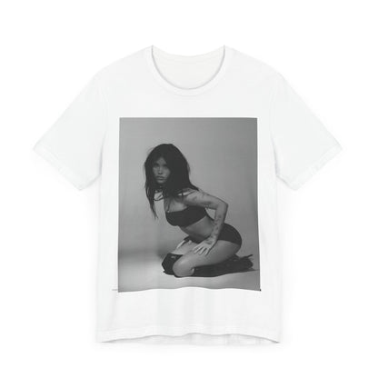 A black graphic t-shirt featuring a black and white, monochrome graphic or photo of Nessa Barrett.