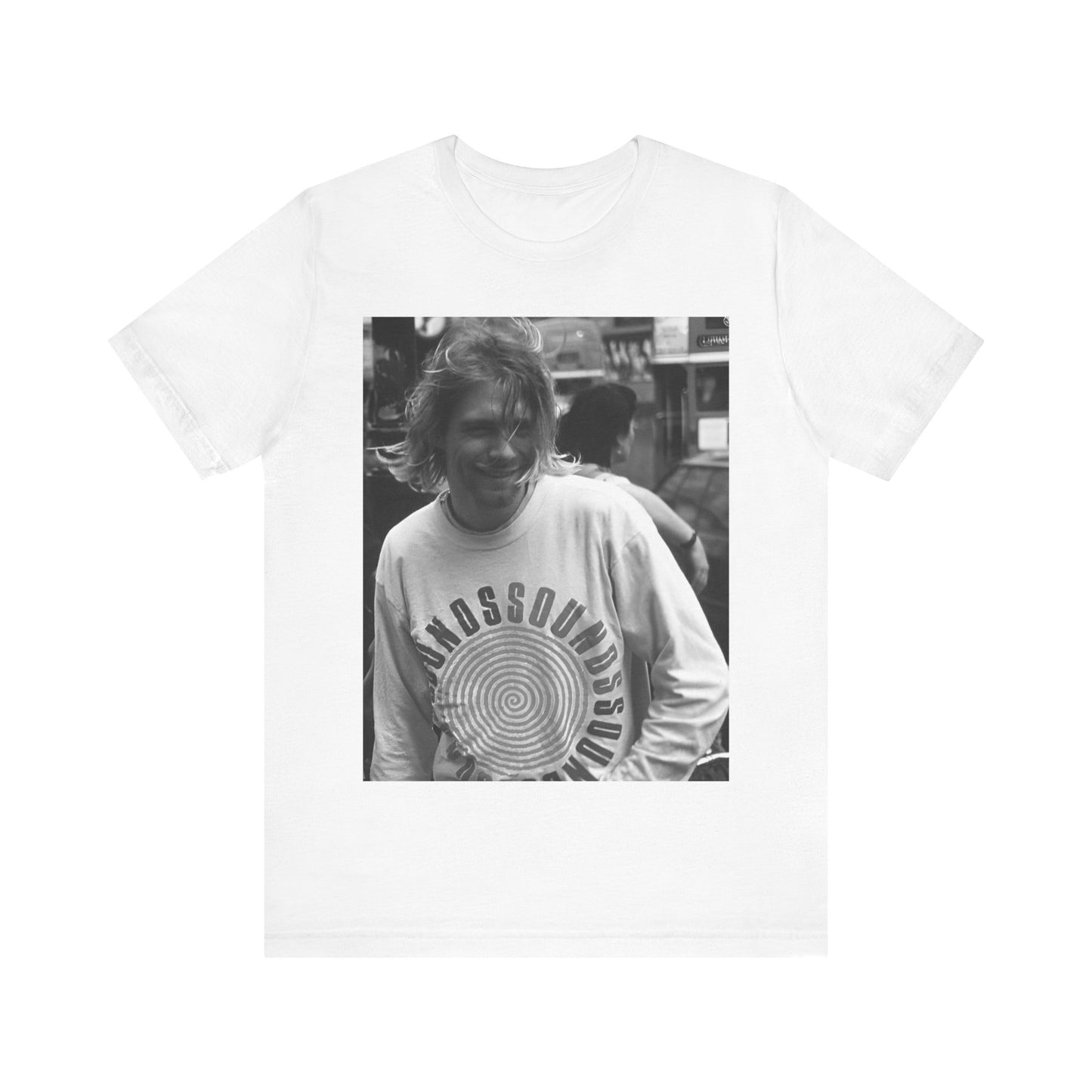A black graphic t-shirt featuring a vintage rock legends graphic of Nirvana.
