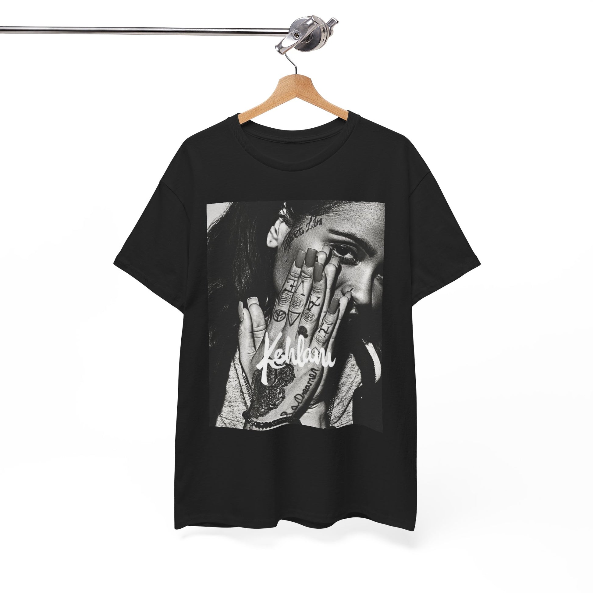A black graphic t-shirt featuring a casual R&B fan graphic of Kehlani.