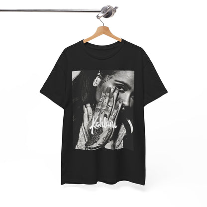 A black graphic t-shirt featuring a casual R&B fan graphic of Kehlani.