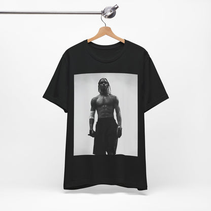 A black graphic t-shirt featuring a black and white portrait photo of Travis Scott.