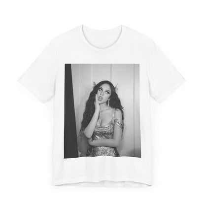 A black graphic t-shirt featuring a black and white, monochrome graphic or photo of Olivia Rodrigo.