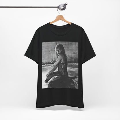 A black graphic t-shirt featuring a black and white, monochrome graphic or photo of Sabrina Carpenter.