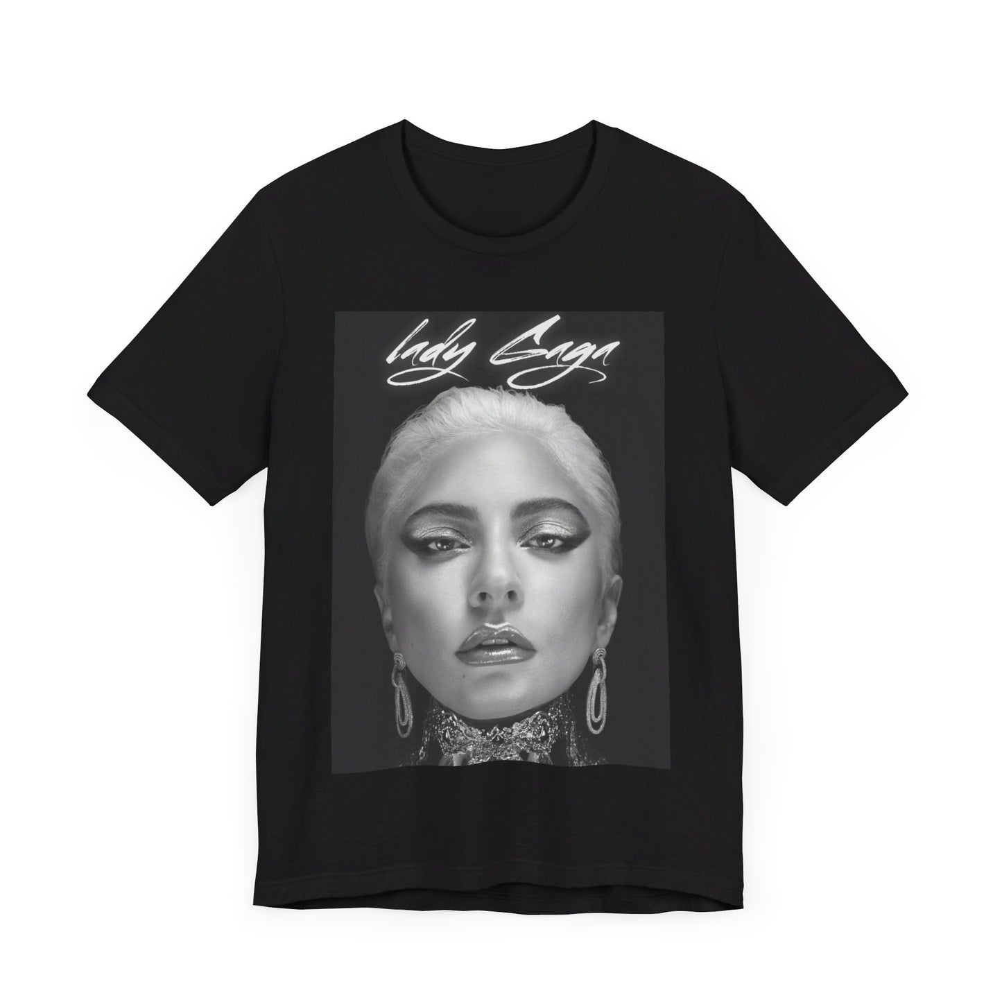 A black graphic t-shirt featuring a retro black and white monochrome graphic or photo of Lady Gaga.