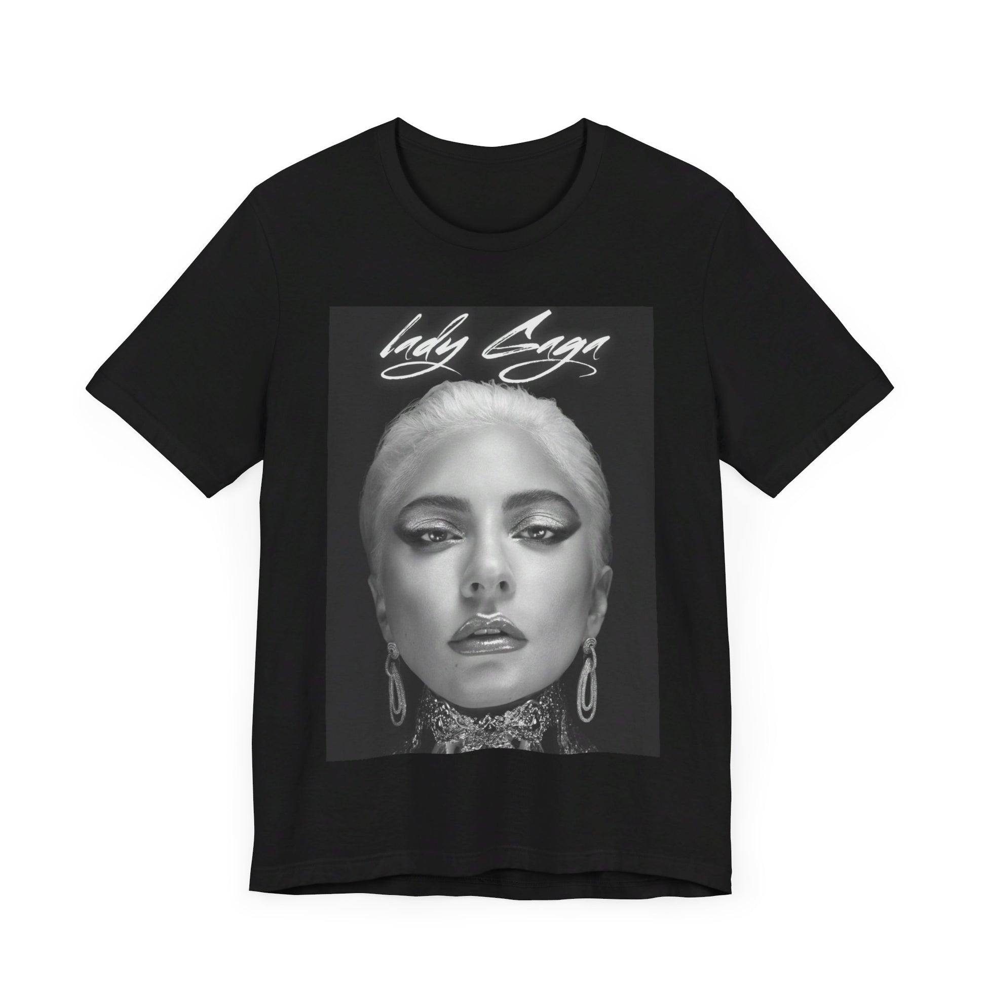 A black graphic t-shirt featuring a retro black and white monochrome graphic or photo of Lady Gaga.