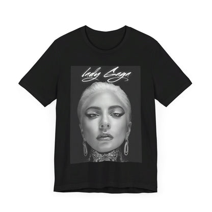 A black graphic t-shirt featuring a retro black and white monochrome graphic or photo of Lady Gaga.