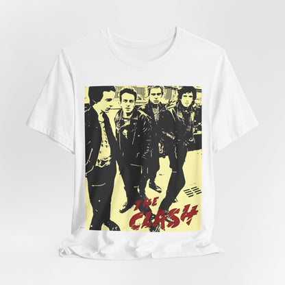A black graphic t-shirt featuring an anti-establishment rock band graphic of The Clash.