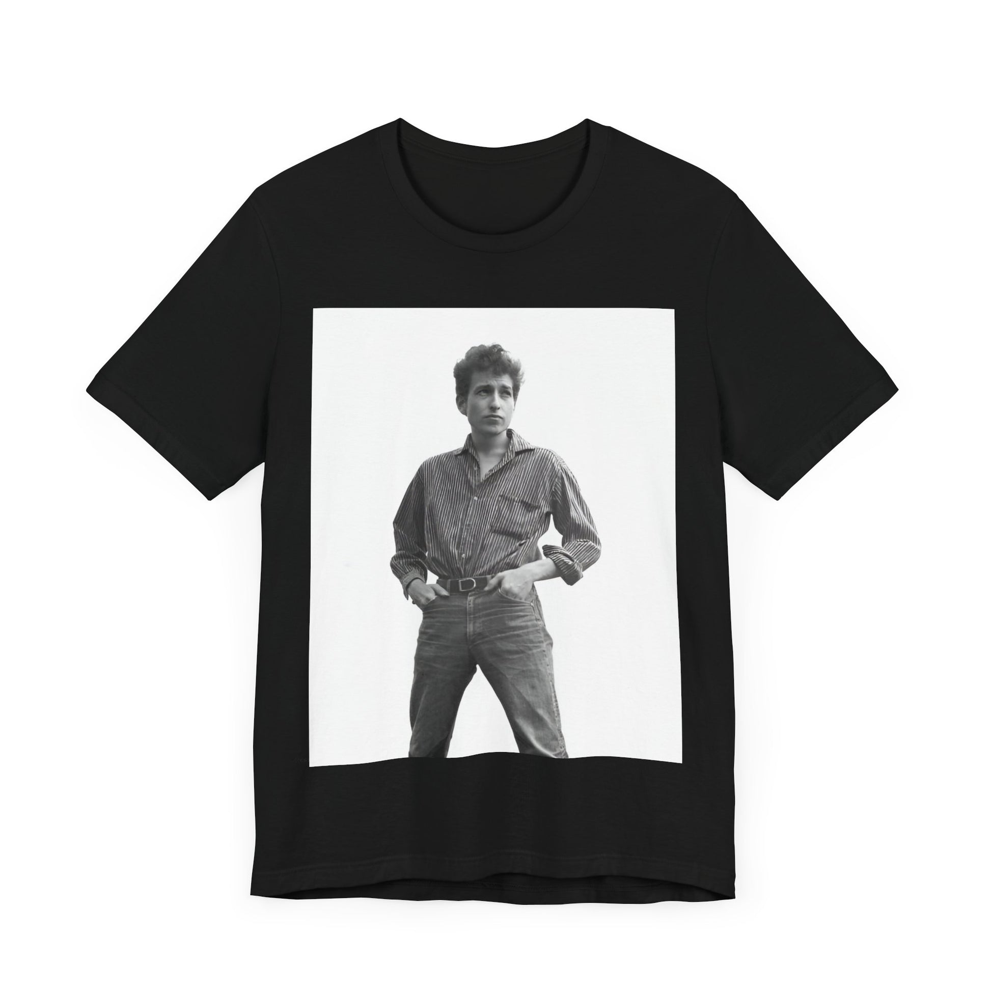 A black graphic t-shirt featuring a vintage 60s folk aesthetic graphic of Bob Dylan.
