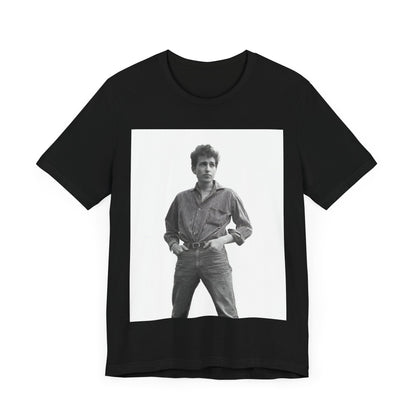 A black graphic t-shirt featuring a vintage 60s folk aesthetic graphic of Bob Dylan.
