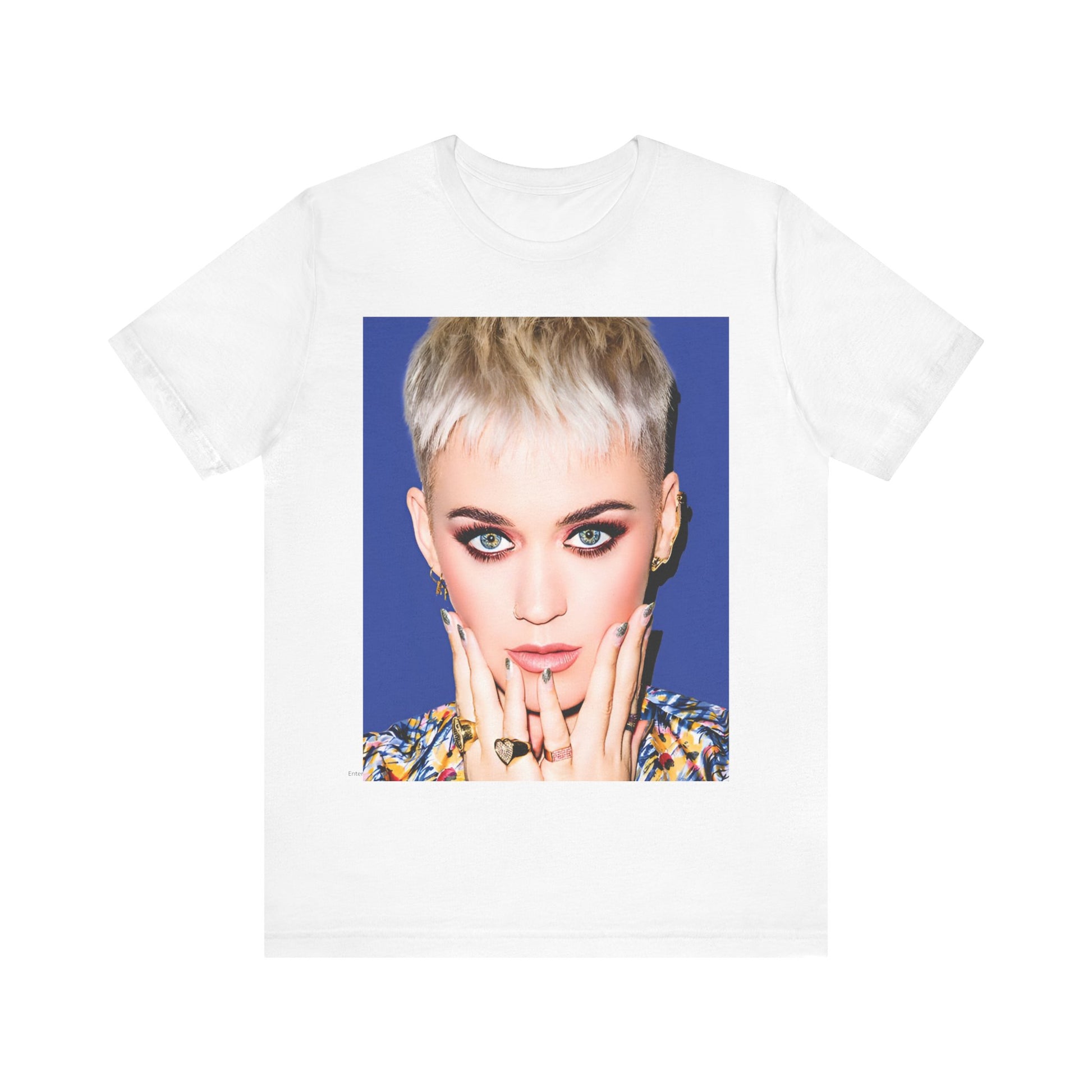 A black graphic t-shirt featuring a graphic of Katy Perry as a global pop phenomenon.