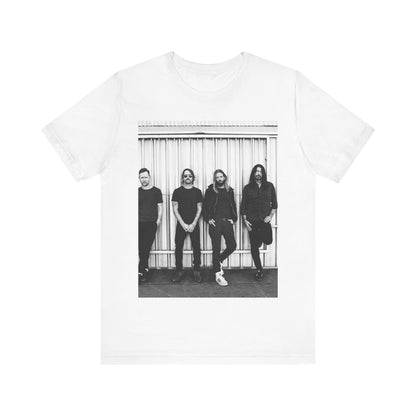 A black graphic t-shirt featuring a photo portrait of the band Foo Fighters.