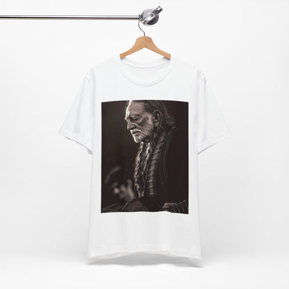 A black graphic t-shirt featuring a vintage country legend graphic of Willie Nelson.