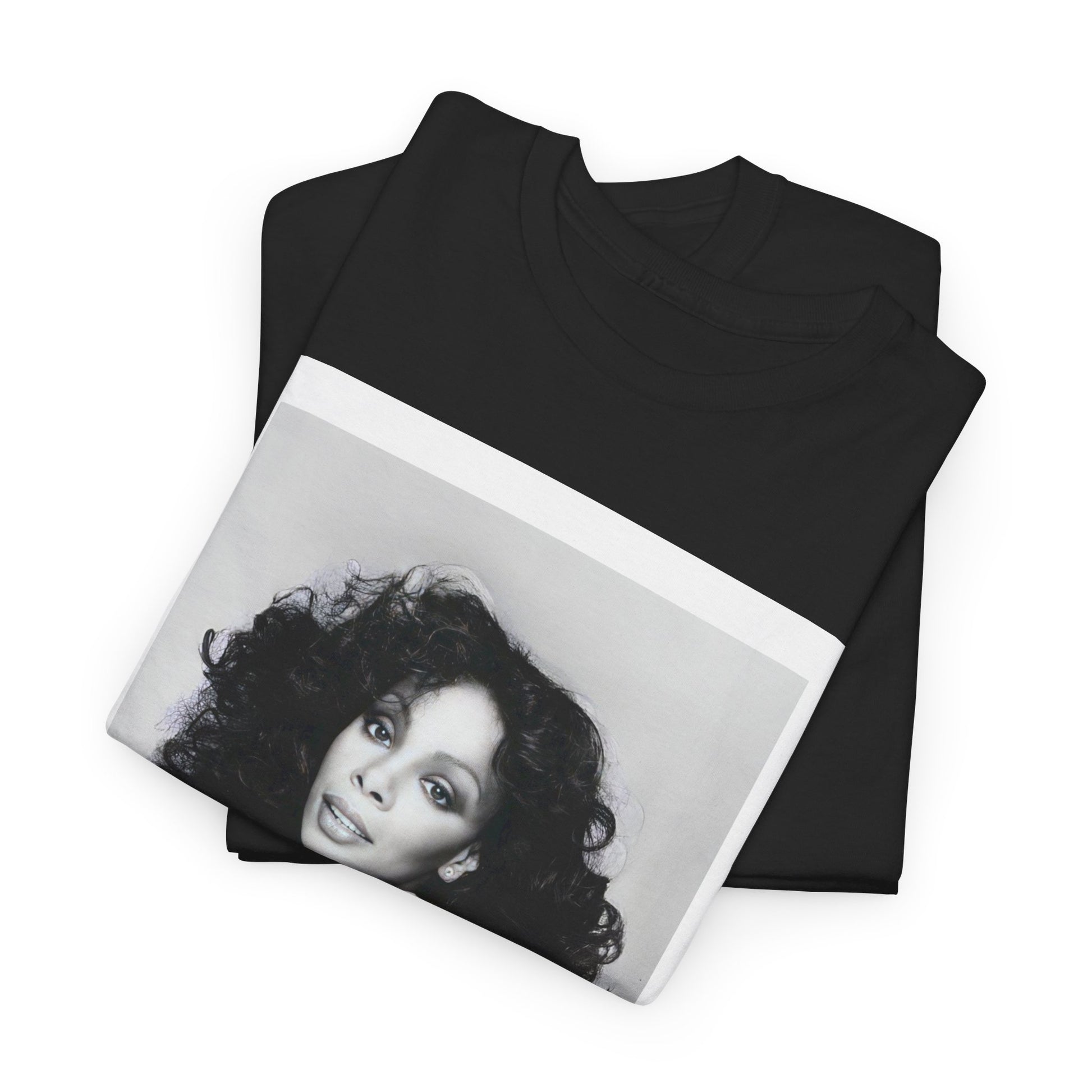 A black graphic t-shirt featuring a portrait of Donna Summer, possibly with her signature or iconic elements.