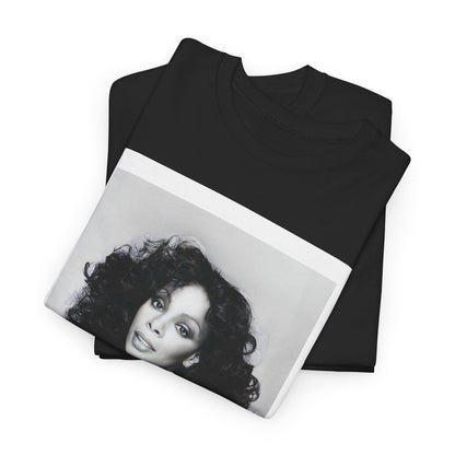 A black graphic t-shirt featuring a portrait of Donna Summer, possibly with her signature or iconic elements.