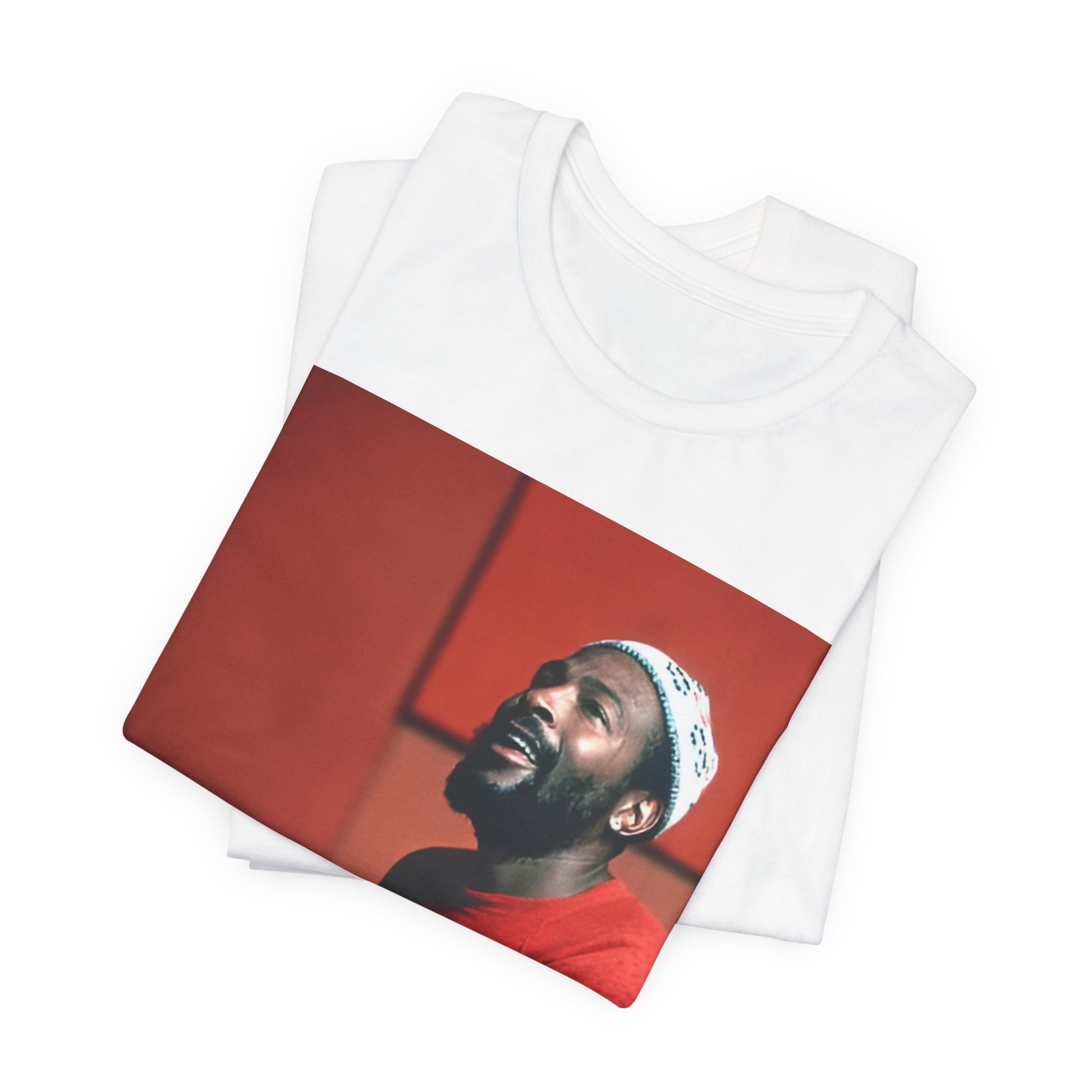 A black graphic t-shirt featuring a graphic of Marvin Gaye with a piano.