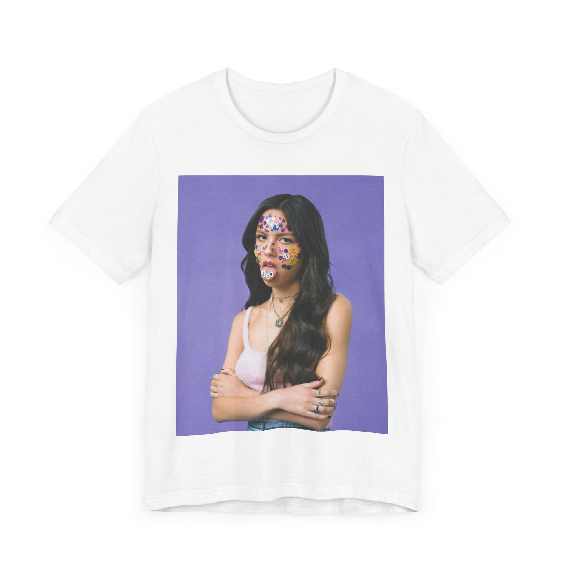 A black graphic t-shirt featuring a bold graphic of Olivia Rodrigo as a pop superstar.