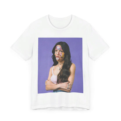 A black graphic t-shirt featuring a bold graphic of Olivia Rodrigo as a pop superstar.