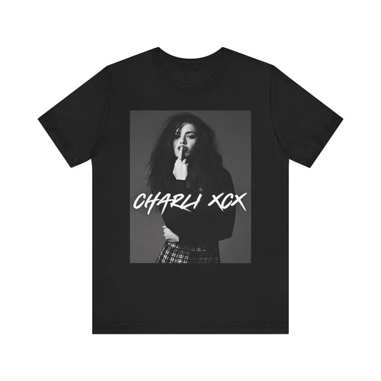 A black graphic t-shirt featuring a black and white, aesthetic graphic or photo of Charli XCX.
