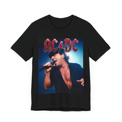 A graphic of AC/DC's lead singer, Brian Johnson, performing with powerhouse energy live on stage, printed on a t-shirt.