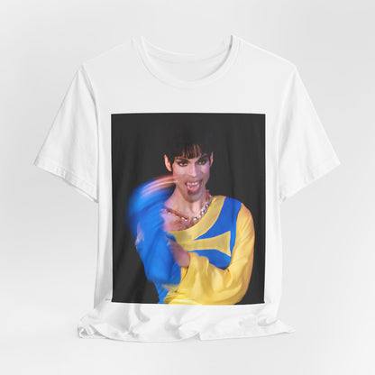 A black graphic t-shirt featuring a graphic related to Prince's 'When Doves Cry' song or era.
