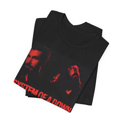 A black graphic t-shirt featuring a modern metal essential graphic of System of a Down.