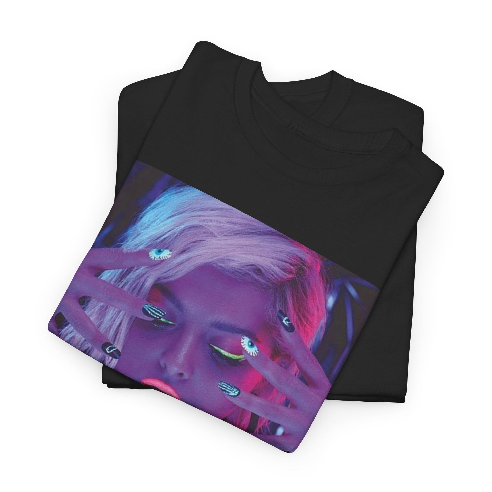 A black graphic t-shirt featuring a stylized graphic of Bebe Rexha, designed with a modern pop aesthetic.