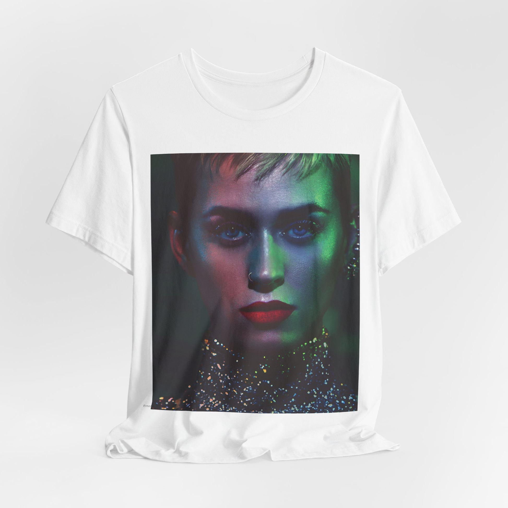 A black graphic t-shirt featuring a neon aesthetic graphic of Katy Perry.