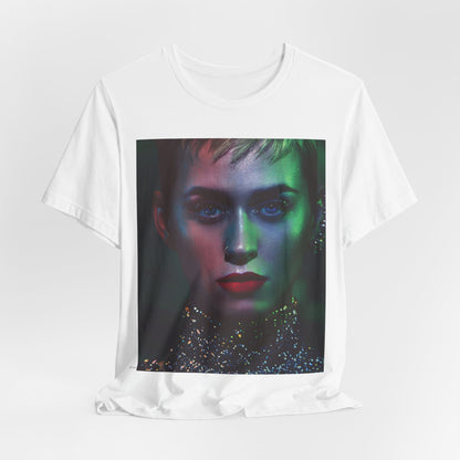 A black graphic t-shirt featuring a neon aesthetic graphic of Katy Perry.